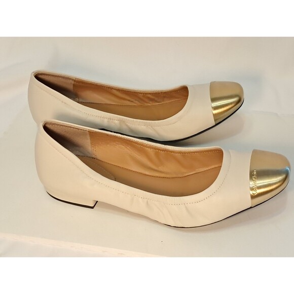 Calvin Klein Fiana Leather Ballet Flats Beige With Gold Cap Toe Slip On Size 8.5 - Picture 8 of 10